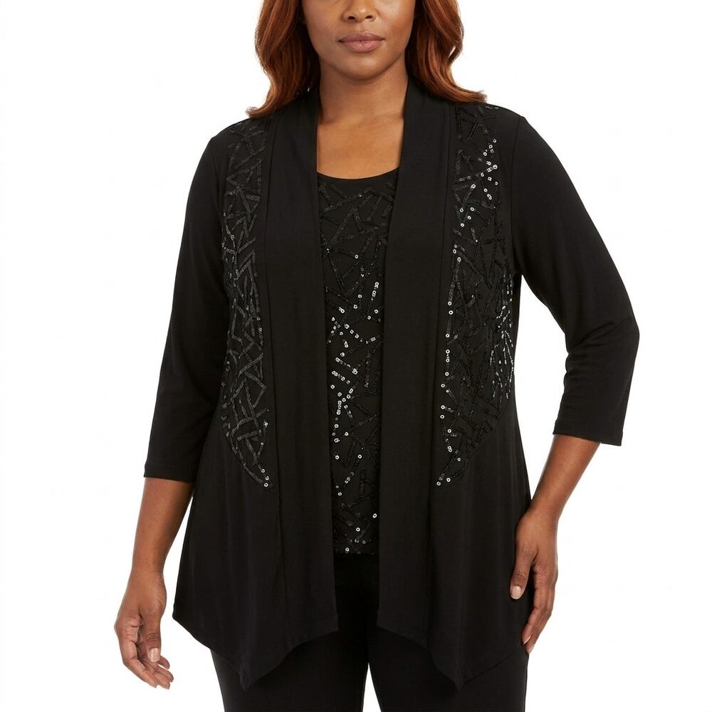 R&M Richards Elastan Geometric Cardigan Top Women 3/4 Sleeve Knit Size 8